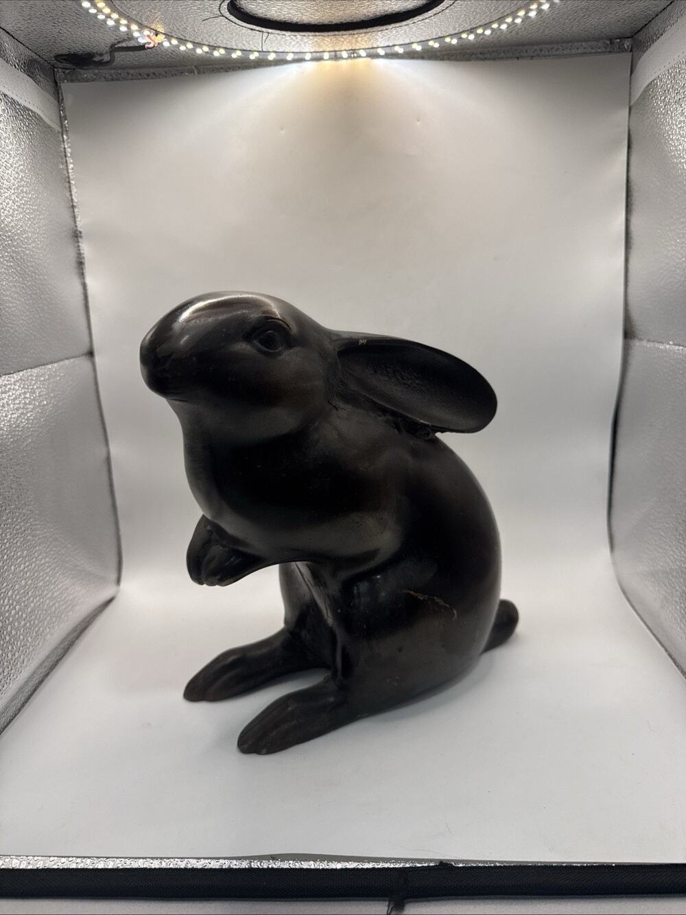Vintage Heavy Cast Iron Sitting Rabbit Hare Statue Sculpture 9” Black Decor *